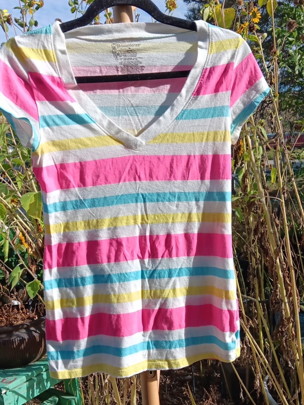 No Boundaries Striped V-Neck Tee in Pink, Teal & Yellow